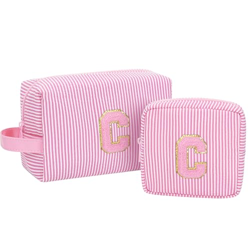 Personalized Initial Makeup Bag| Toiletry Bag for Girls&Women,Make Up Case for Girlfriend Bridesmaid Wife,Birthday Gift for Her Cute,2PCS,Pink C