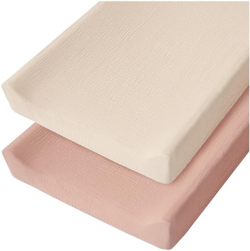 Konssy 2 Pack Muslin Changing Pad Cover for Baby Girls Boys 100% Cotton Fitted Diaper Changing Table Cover Set, Soft Changing Pad Sheets (Pink, Cream)