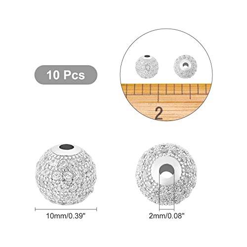Nbeads 10 Pcs 10Mm Platinum Color Brass Cubic Zirconia Beads, Clear Cz Stones Pave Micro Setting Disco Ball Spacer Beads, Round Bracelet Connector Charms Beads For Jewelry Making #TOP5