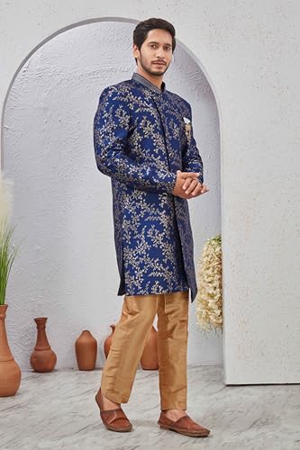Image of Indian Designer Wedding Festive Wear Jacquard Indo-Western Sherwani Pajama Set For Men