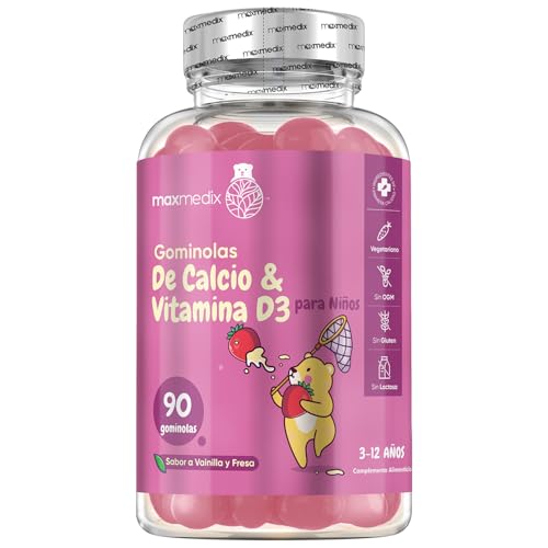 Calcio y Vitamina D3 para Niños - 90 Gominolas, Sabor a Vainilla y Fresa - Suplemento para Niños para su Crecimiento y Desarrollo - 45 Días de Suministro - Sin Lactosa ni Gluten