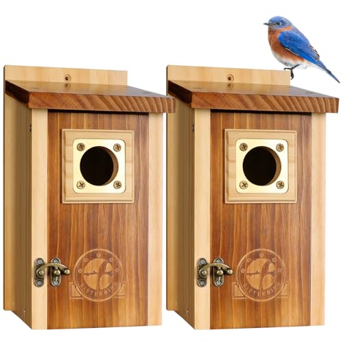 SISTERBIRD Pack of 2 Bluebird Houses for Outside, Premium Wooden Bird Houses for Outdoor, Weatherproof Blue Bird House, Bluebird Swallow Chickadee Wren, Assembly Required