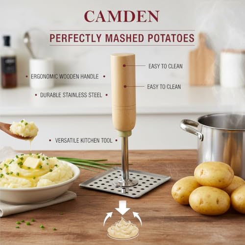 Image of CAMDEN Premium Stainless Steel and Wooden Handle Potato Masher | Strong Handle with Premium Polish | Rust Free Heavy Duty Vegetable Masher for Kitchen (Square)