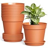 10 Pack 6 Inch Plant Pots with Drainage and Saucers, Plastic Flower Pots for Indoor and Outdoor Plants, Stackable Nursery Planters for Houseplants and Herbs, Terracotta
