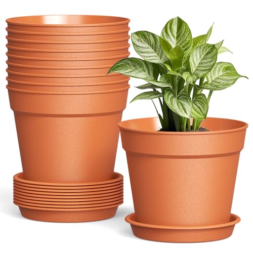 SwinDuck 10 Pack 6 Inch Plant Pots with Drainage and Saucers, Plastic Flower Pots for Indoor and Outdoor Plants, Stackable Nursery Planters for Houseplants and Herbs, Terracotta