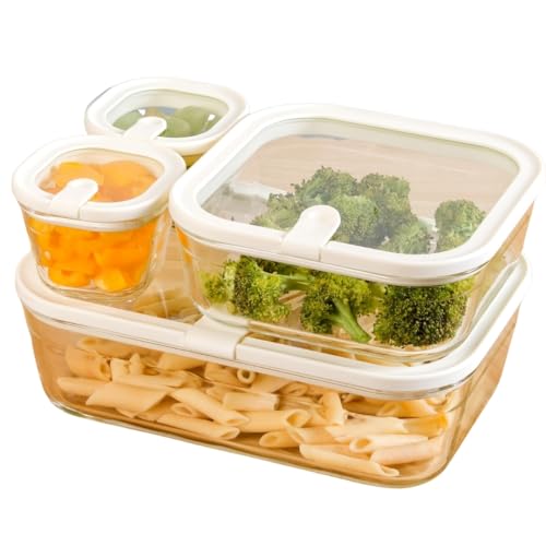 Image of Nestasia Vento Glass Containers with Lid Set of 4 (220ml x 2, 1320ml x 1, 2500ml x 1) - Microwave, Refrigerator & Dishwasher Safe Containers with Air Vent Lid for Fridge Storage (Cream)