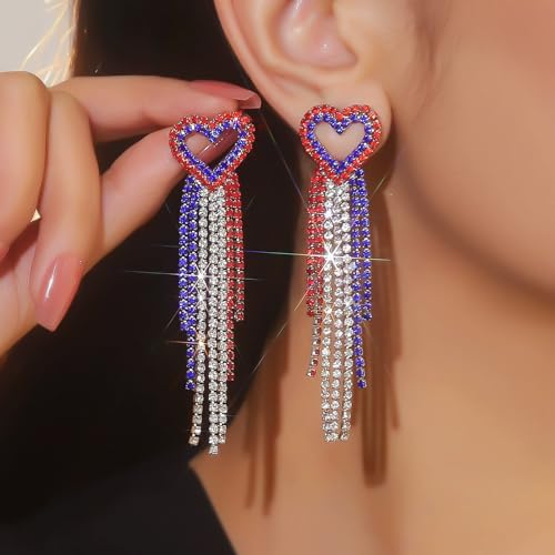 4th of July Heart Star Tassel Earrings Patriotic Rhinestone Dangle Earrings for Women Boho Long Drop Crystal American Flag Jewelry for Independence Day2