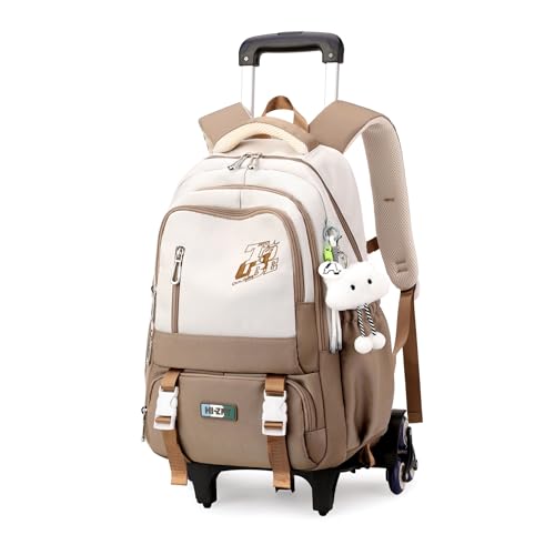 GRUOTEIS Girls Boys Rolling Backpack, Elementary Middle School Kids Bookbag Roller Backpack for Boys Girls with 6 Wheels, Khaki