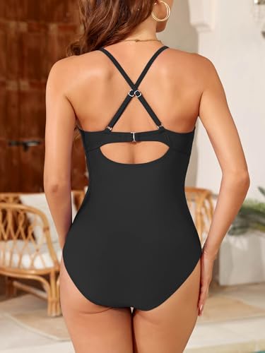 Smismivo Tummy Control One Piece Swimsuit Women V Neck Bathing Suits Slimming Lace Swimwear2