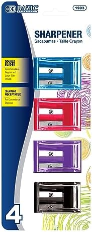 BAZIC Pencil Sharpener Dual Blades w/Receptacle, Standard & Jumbo Size Pencils Crayon, Double Blade Sharpeners for Office School (4/Pack), 1-Pack