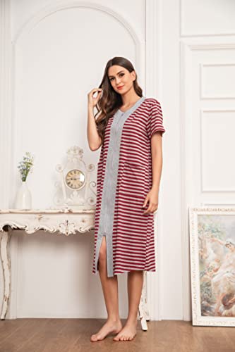 Ekouaer Womens Robe Loungewear, Casual Straight Zipper, V-Neck Contrast Color Patchwork Pajamas, Pockets, Red, X-Large #TOP3
