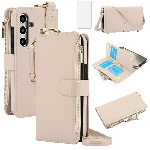 Asuwish Phone Case for Samsung Galaxy A36 5G Zipper Wallet with Tempered Glass Screen Protector Crossbody Strap Card Holder RFID Blocking Stand Cell Cover A 36 36A LTE SM-A366U Women Girls Apricot