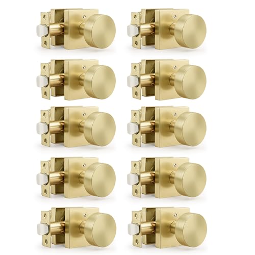Gobrico Brushed Gold Privacy Interior Door Knobs with Square Rosette(10 Pack), Satin Brass Finish, Heavy Duty Zinc Alloy Round Knob for Bedroom & Bathroom Interior Door