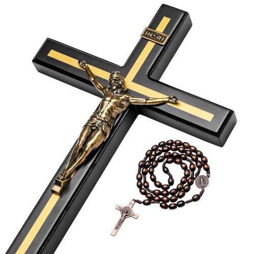 KUXBET 12 Inch Wall Crucifix With Wooden Cross Necklace, Catholic Wooden Jesus Christ Wall Hanging for Home Decor