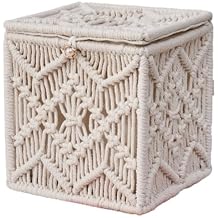 Tissue Box Cover Macrame Square Open-Bottom Tissue Box Holder Boho Decor Tissue Organizer Bohemian Handmade Woven Tissue Cube Box for Bathroom Bedroom Dresser Living Room Office Dorm Ivory