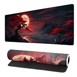 Extended Gaming Mouse Pad, Large Desk Mat XL Anime Mouse Pad Waterproof with Stitched Edges, Non-Slip Desktop Pad for Home and Office, Level Up Your 31.5x11.8 Inch (Darkness Red Moon)