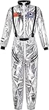 Astronaut Costume Adult, Raumanzug mit langÄrmeligem Reißverschluss vorne und ansprechenden Verzierungen wie Raummusterdruck auf Brust und Ärmeln.