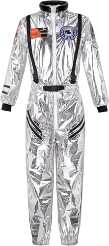 Jutrisujo Astronaut Costume Adult for Women Space Suit Cosplay Spaceman Jumpsuit Halloween Silver L