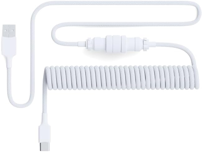 PWNAGE Ultra Custom Coiled Aviator USB C Cable for Gaming Keyboard, Double-Sleeved Mechanical Keyboard Cable with Detachable Metal Aviator, 1.8M USB-A to USB-C, Pink Color (White on White) - White on White