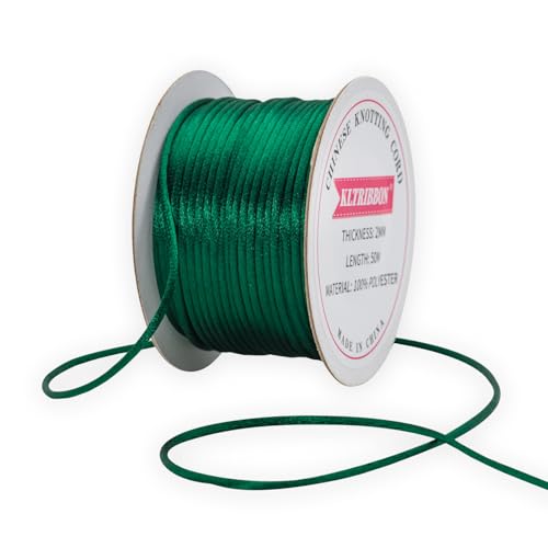 KLTRIBBON Christmas Green 2mm Rattail Cord String - 50 Meters Chinese Knotting Cord Rat Tail Silk Rope for Bracelet Necklace Jewelry Making Macrame Trim