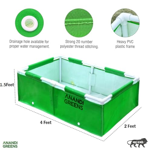 Image of Anandi Green's HDPE UV Protected 360 GSM Green Color Rectangular Plants Grow Bags Suitable for VegetableTerrace Gardening with PVC Pipe Support Pack of 1 (4X2X1.5 FIT)