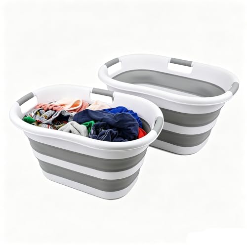 Image of SAMMART 40L (10.5 gallon) Set of 2 Collapsible Plastic Laundry Hamper - Foldable Pop Up Storage Container /Organizer - Portable Washing Tub - Space Saving Basket (2, White /Grey)