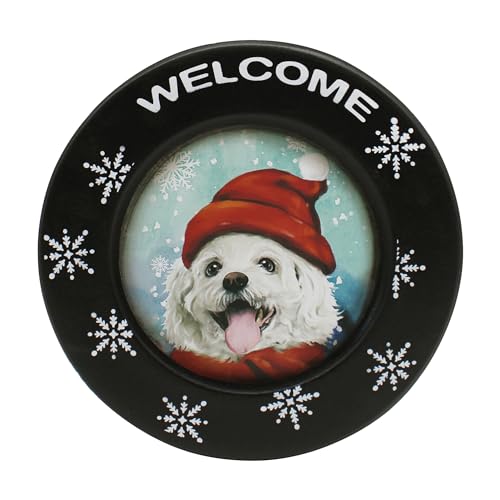CVHOMEDECO-Welcome-Christmas-Dog-Decorative-Plate-Primitives-Vintage-Round-Display-Wooden-Plate-Home-Decor-Art-9-34-Inch CVHOMEDECO Welcome Christmas Dog Decorative Plate Primitives Vintage Round Display Wooden Plate Home Decor Art 9 34 Inch