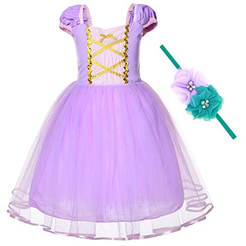 Princess Long Hair Costume for Toddler Baby Girls Birthday Party Dress Up with Headband (3T 4T)