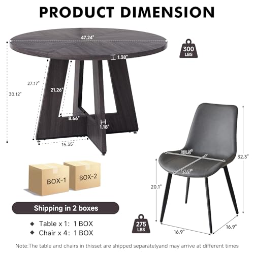 Image of 47 inch Round Dining Table Set for 4, Kitchen Table and Chairs | Wooden Cross Base, Synthetic Leather Chair, for Apartment