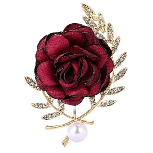 Image of Rose Brooch for Women,Dainty Satin Fabric Flower Lapel Pins Vintage Elegant Pearl Brooches Handmade Crystal Pearl Pins Silk Camellia Safety Collar Pin Dress Suit Accessories Wedding Bridal Bouquet Jewelry