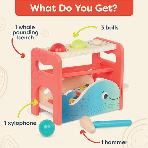 Image of B. toys Xylo-Pound Whale Pounding Bench with Xylophone, Hammer Toy | 2-in-1 wooden pounding bench with removable xylophone, 1 wooden hammer, and 3 balls for music and color matching, 1+ Years