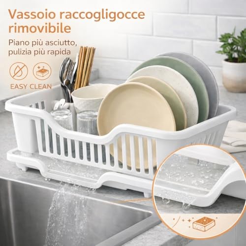 Home In Smart Scolapiatti Con Vassoio Raccogligocce Rimovibile, Portaposate Integrato, Organizer Per Piatti Bicchieri E Posate, Asciugatura Rapida, 44×23×17 Cm (Bianco) - 2