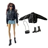 AQQeenmiu Black Fashion Doll Outfit Set, Bomber Jacket with Combat Boots and Chain Bag, for 11.5-12 inch Dolls, 1/6 BJD Action Figures