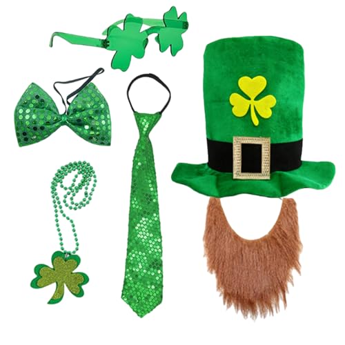 GWAWG Leprechaun Top Hat with Ginger Beard 6PCS St Patricks Day Hat with Bow Tie Necktie Clover Glasses & Necklace St Patricks Day Accessories Funny Irish Hat Costume Dress Up Gifts for Adults