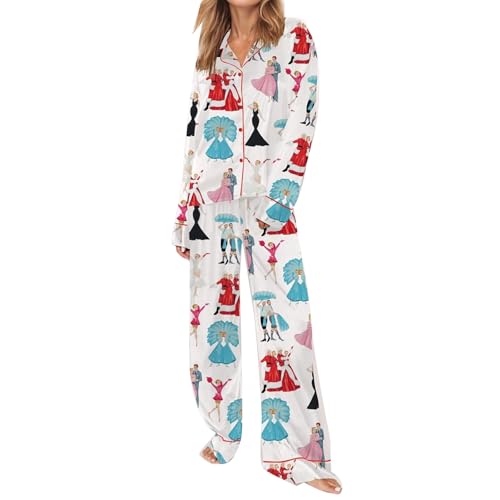 Amiblvowa Women Christmas Pajamas Nutcracker Cute Satin Silk Christmas Pjs Set Santa Bow Xmas Tree Candy Cane 2 Piece Pajama Set Holiday Xmas Pj Loungewear Vacation Sleepwear White Dancing Princess