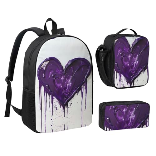 Sac à dos imprimé d'amour violet noir collège avec trousse à crayons - 2