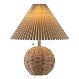 JONATHAN Y JYL1145C Aksel 17.25' Coastal Scandinavian Rattan/Iron Sphere LED Table Lamp with Pleated Shade and Pull Chain, Natural/Chrome/Dark Beige, for Bedroom, Living Room, Entry Console