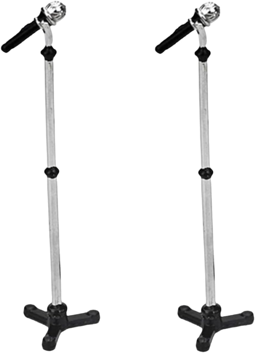 2pcs Black Dollhouse Decoration Accessories,Mini 1:12 Dollhouse Miniature Scene Model Microphone with Stand Play Toy, Decortion, Dollhouse Furniture, Doll's Microphone Miniature Furniture (90 x 18 mm)