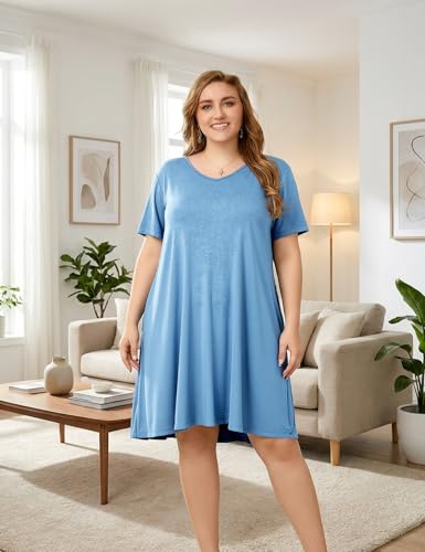 Image of OVERWORETY Womens Short Sleeve Plus Size T-Shirt Dress V Neck Casual Loose Swing A-Line Summer Tunic Dresses with Pockets