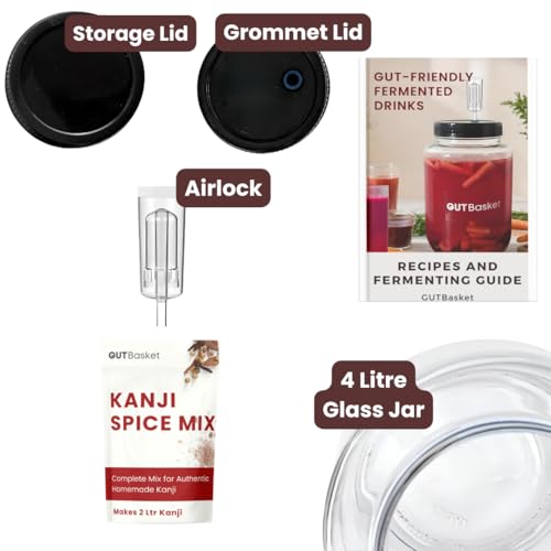 Image of Gutbasket Kanji Jar Kit | 4L Glass Jar with Airlock, Grommet Lid, Recipe Book & Sea Salt | Perfect for Kanji & Gut Health