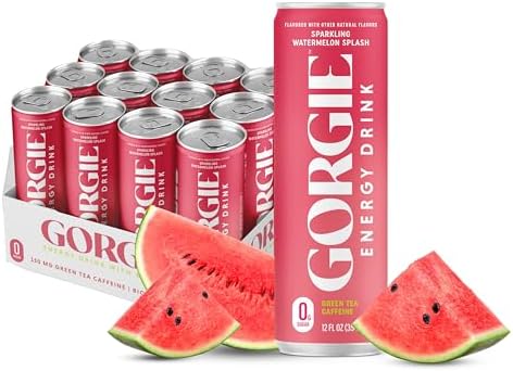 GORGIE Watermelon Splash Sugar Free Energy Drink, Green Tea, 12 Pack