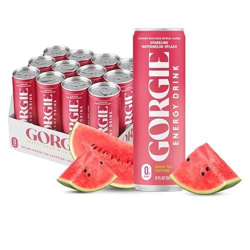 GORGIE Sugar Free Natural Energy Drinks, Sparkling Watermelon Crush (12 Pack) - Healthy Energy Drink - Natural Coffee Replacement with Green Tea Caffeine and Biotin, 150mg Caffeine, Vegan, Low Calorie
