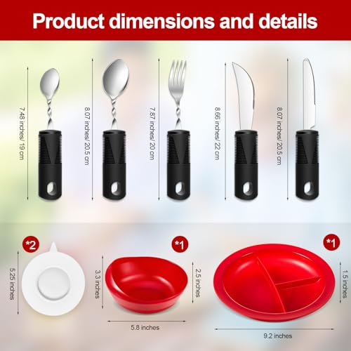 Maxcheck 7 Pcs Spill Proof Scoop Bowl and Partitioned Plate Set with Suction Base and Adaptive Utensils Set Non Slip Weighted Angled Silverware Adaptive Self Feeding Dinnerware for Elderly Disabled - Image 3