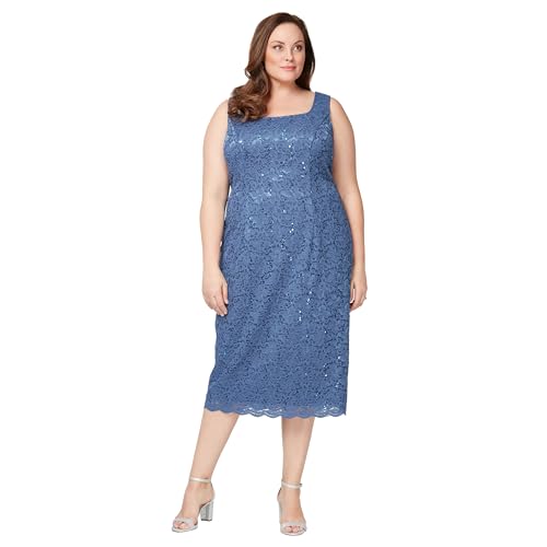 Image of S.L. Fashions Women's Tea Length Sequin Lace Mother of The Bride Dress with Illusion Sleeve Jacket