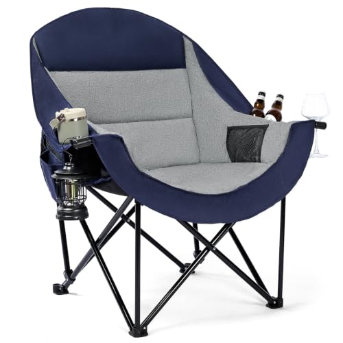 Image of Oversized Camping Chairs for Adult - Heavy Duty Padded Portable Folding Chair XL Collapsible Camp Chair with Cup Holder Cooler Pockets for Outdoor Lawn Beach Sport Fishing Support 500LBS, Blue Grey