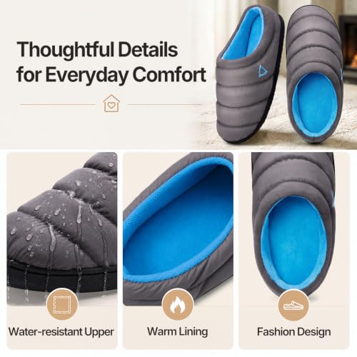 Image of ATHMILE Slippers for Men Water-Resistant Quilted Puffer Upper Memory Foam Slippers Non Slip Indoor Outdoor House Shoes Cozy Slip on Slippers for Home Bedroom Travel Camping Gift