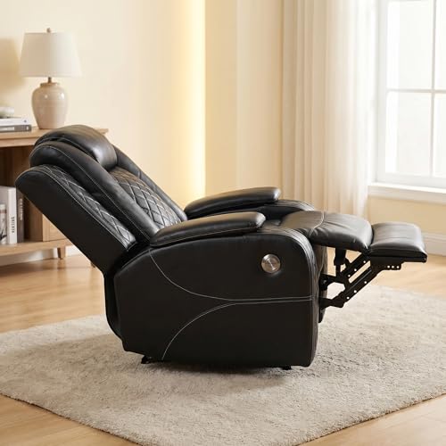 Image of Power Recliner Chair, Breathable Leather Recliners with USB Charging Port, Electric Recliner Sofa with Adjustable Backrest, Padded Armrest for Home Theater, Living Room, Office, Black