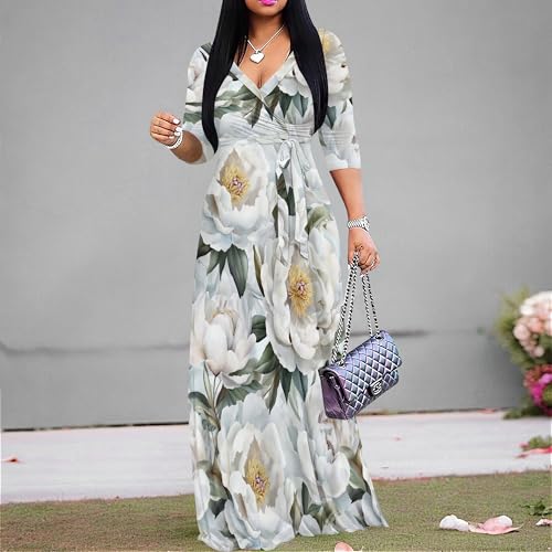 Image of Plus Size Maxi Dress for Women V Neck Flowy Dresses with Pockets for Wedding Guest Church