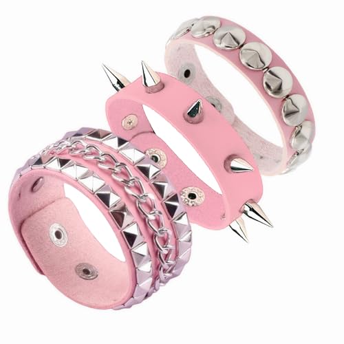 3PCS Leather Bracelets Set Studded Wrap Wrist Cuffs Punk Rock Y2K Emo Wide Wristband Accessories for Teens Women Men
