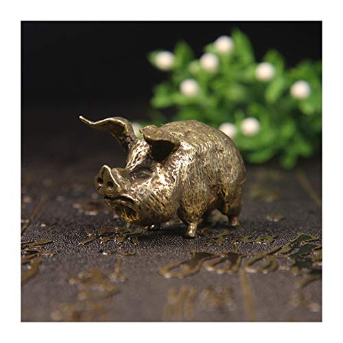 Decoraciones de escritorio retro cobre chino 12 signos del zodiaco cerdo volador estatua decoración del hogar latón antiguo animal feliz figura pequeña mesa escritorio adornos adornos de escritorio